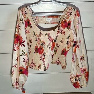 Anthropologie Cropped Floral Blouse in Pink and Cream